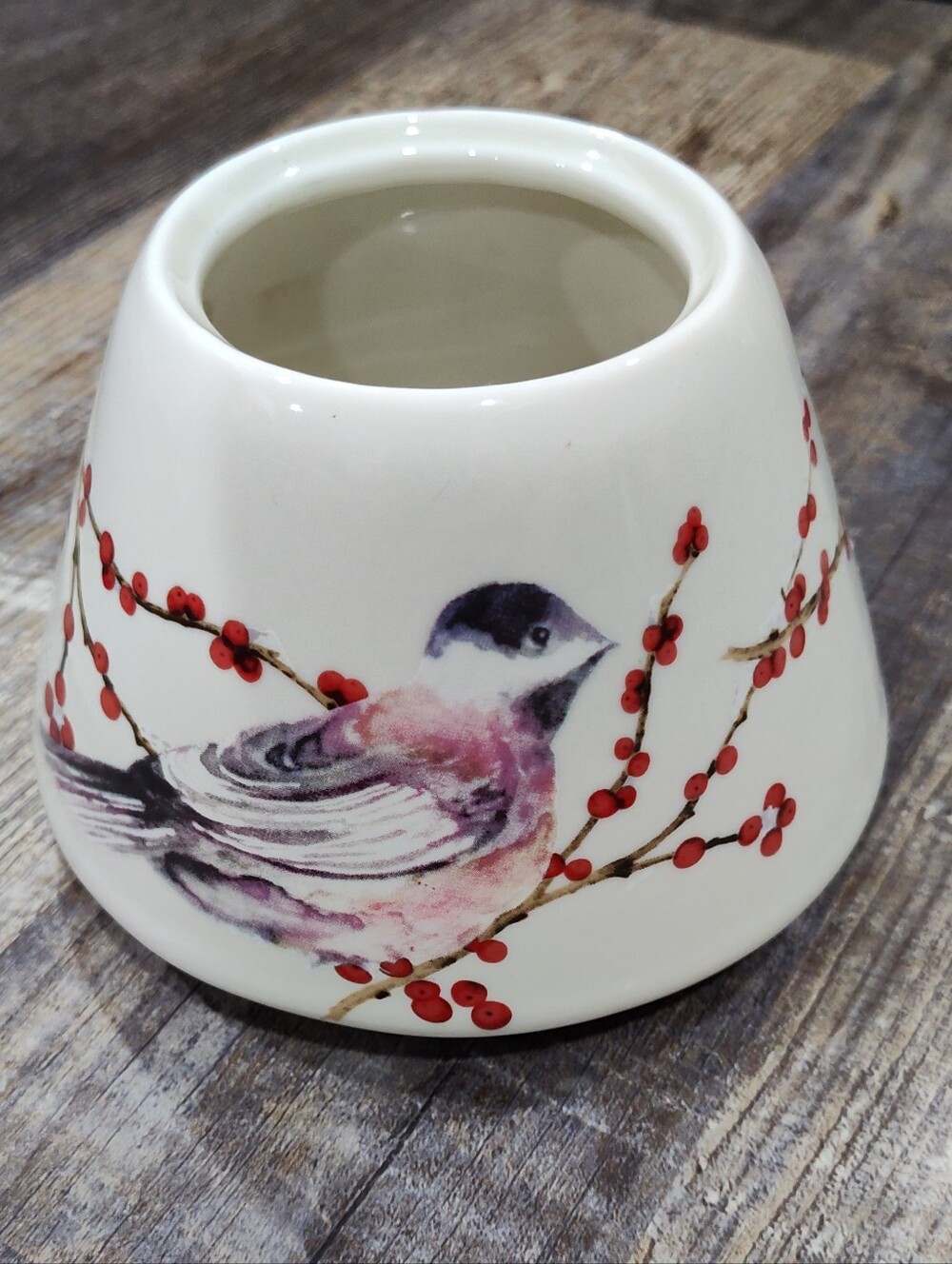 Chickadee Bird And Winter Berries Candle Shade - White And Red